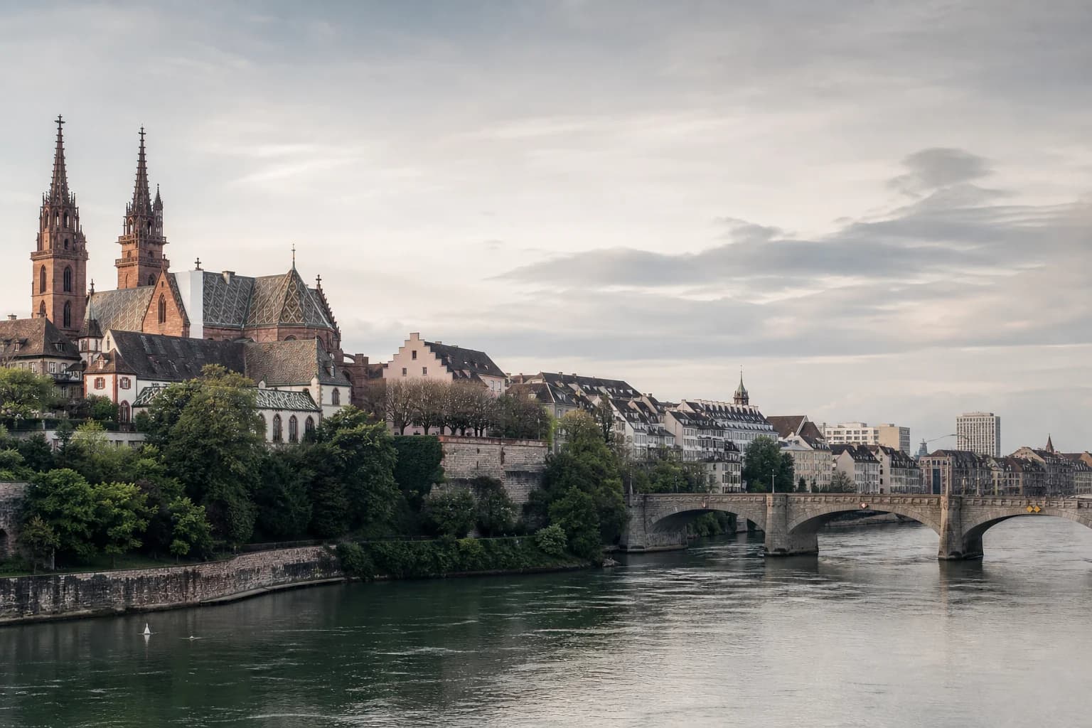 Basel's Rhine riverfront and Minster, Switzerland