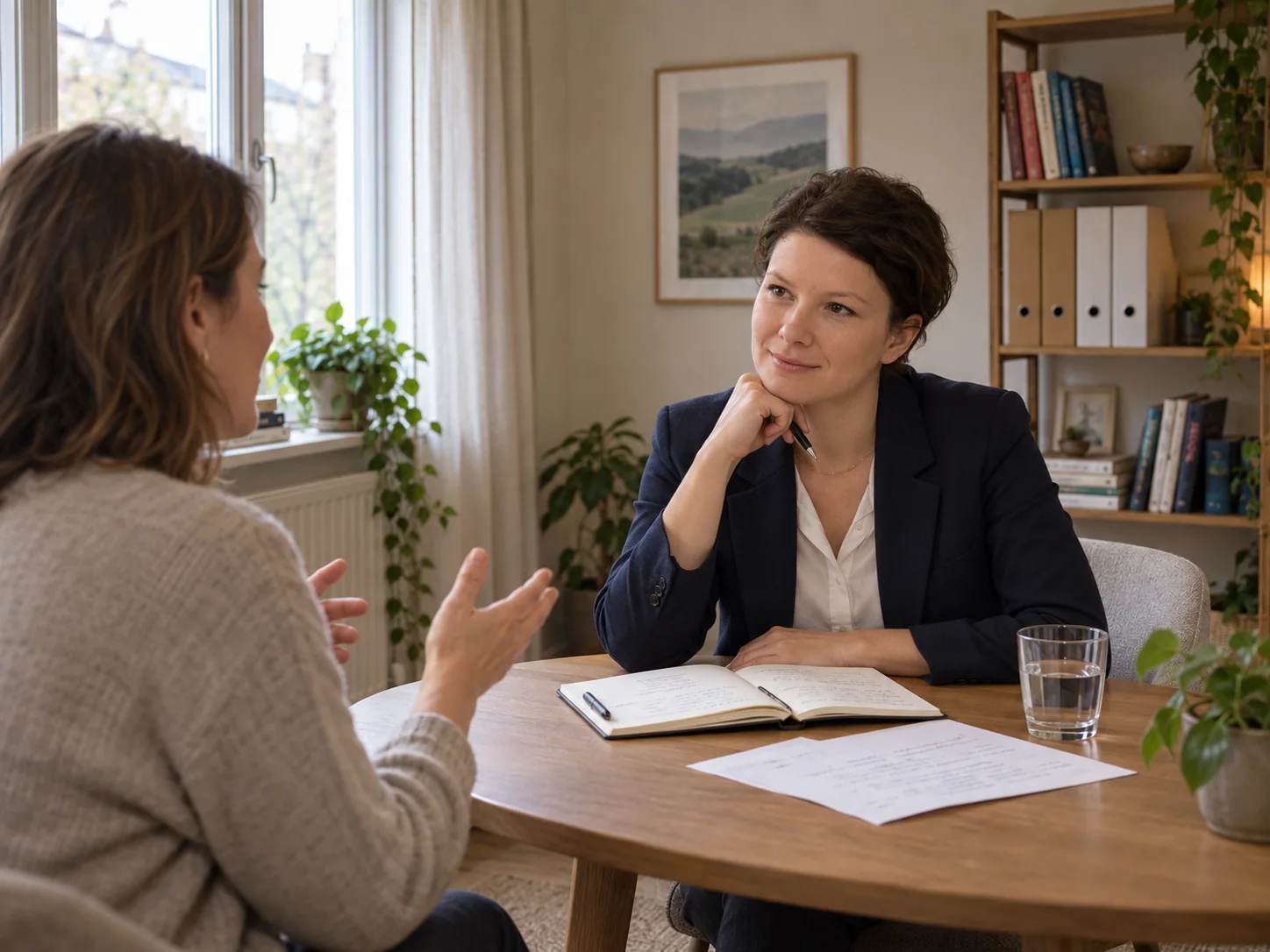 Illustrative consulting conversation: Adriana listens to a participant across a wooden table, seen from an oblique angle.