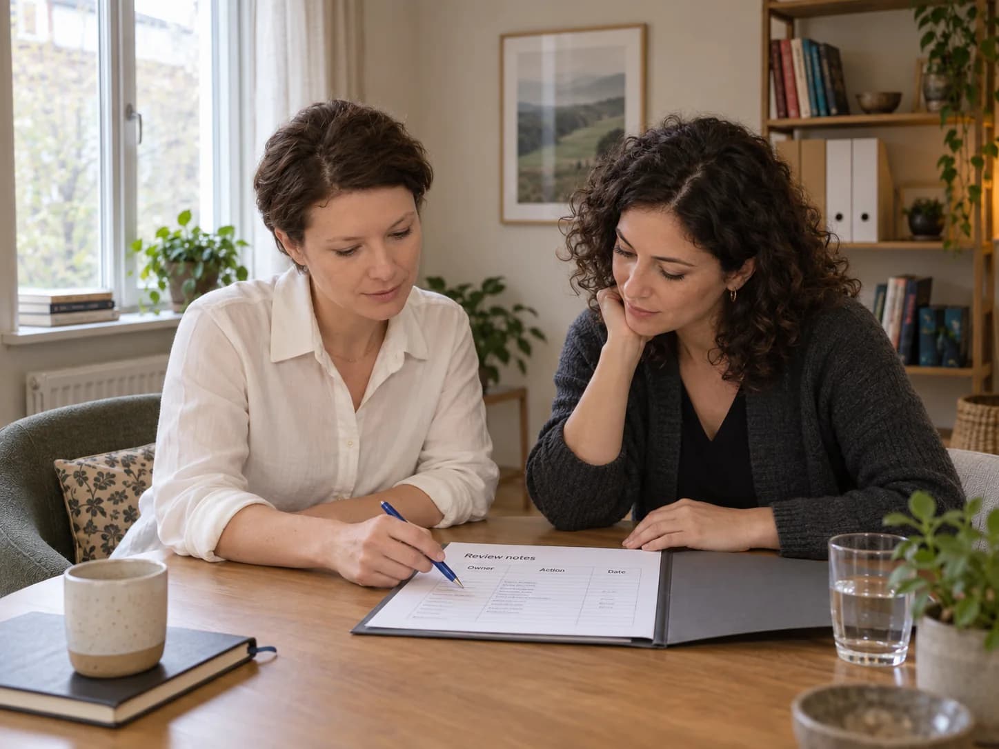 Illustrative document review: Adriana and a colleague lean over the same open folder and examine a marked row together.