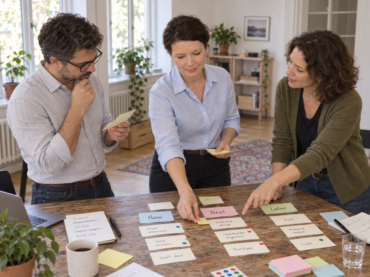 Illustrativer Workshop: Adriana und zwei Teilnehmende ordnen Chancen auf Karten nach Priorität an einem Arbeitstisch.