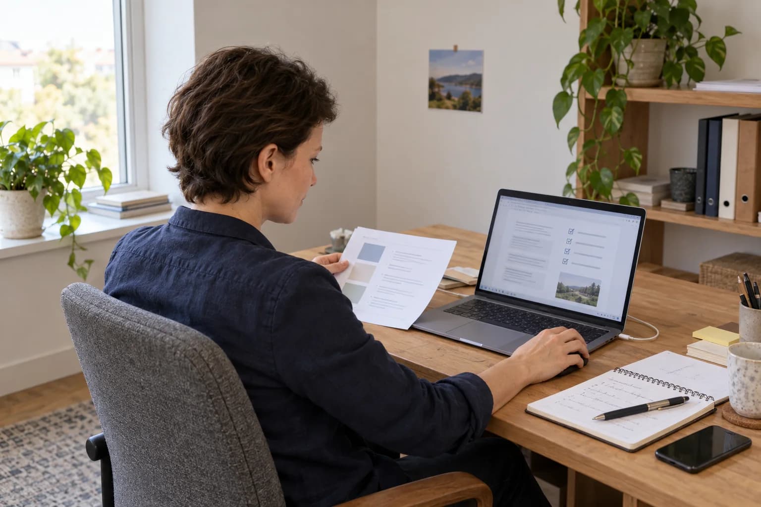 Illustrative view over Adriana’s shoulder at her workstation as she compares a printed page with a laptop document.