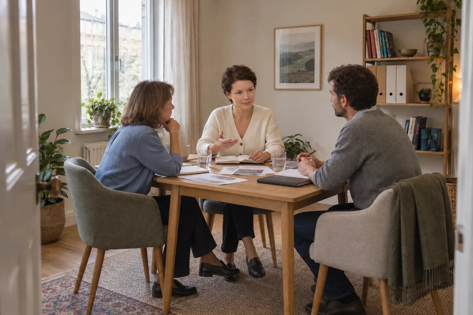 Illustrative wide view through a doorway of Adriana and two participants discussing papers around a meeting table.